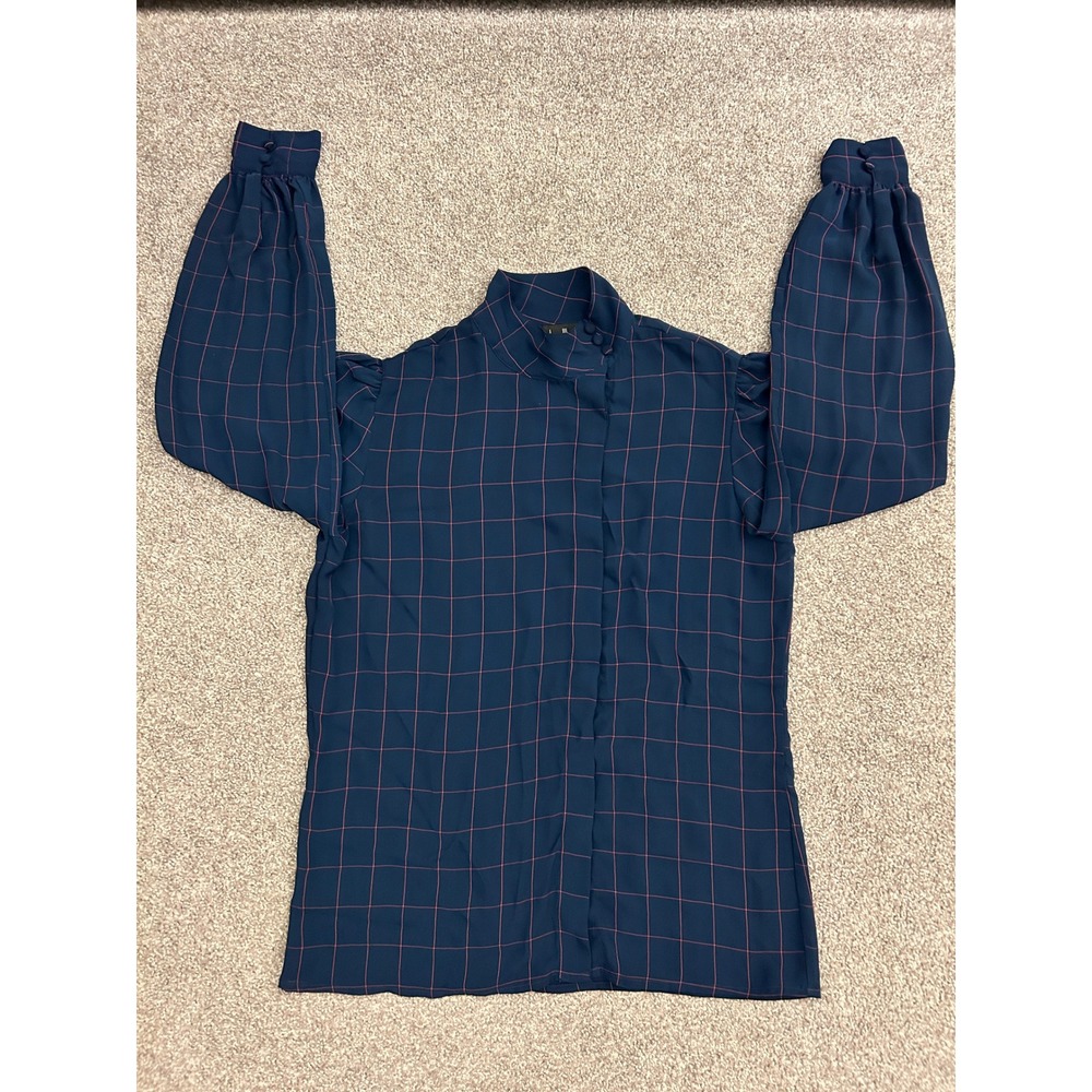 David Matthew Blouse Womens 6 Navy Blue Excellent Windowpane Mock Neck Balloon